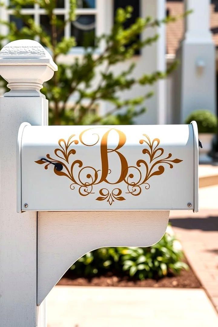 White metal mailbox with a gold acrylic monogram B and ornate flourishes.