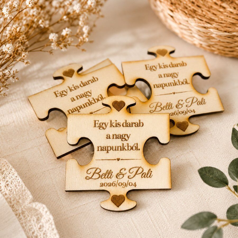Wooden puzzle piece invitations with engraved names and dates on beige fabric.