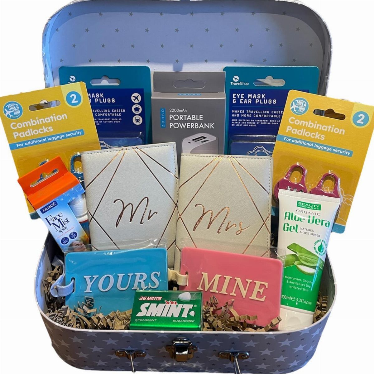 Travel gift set in a suitcase with Mr and Mrs passport holders.