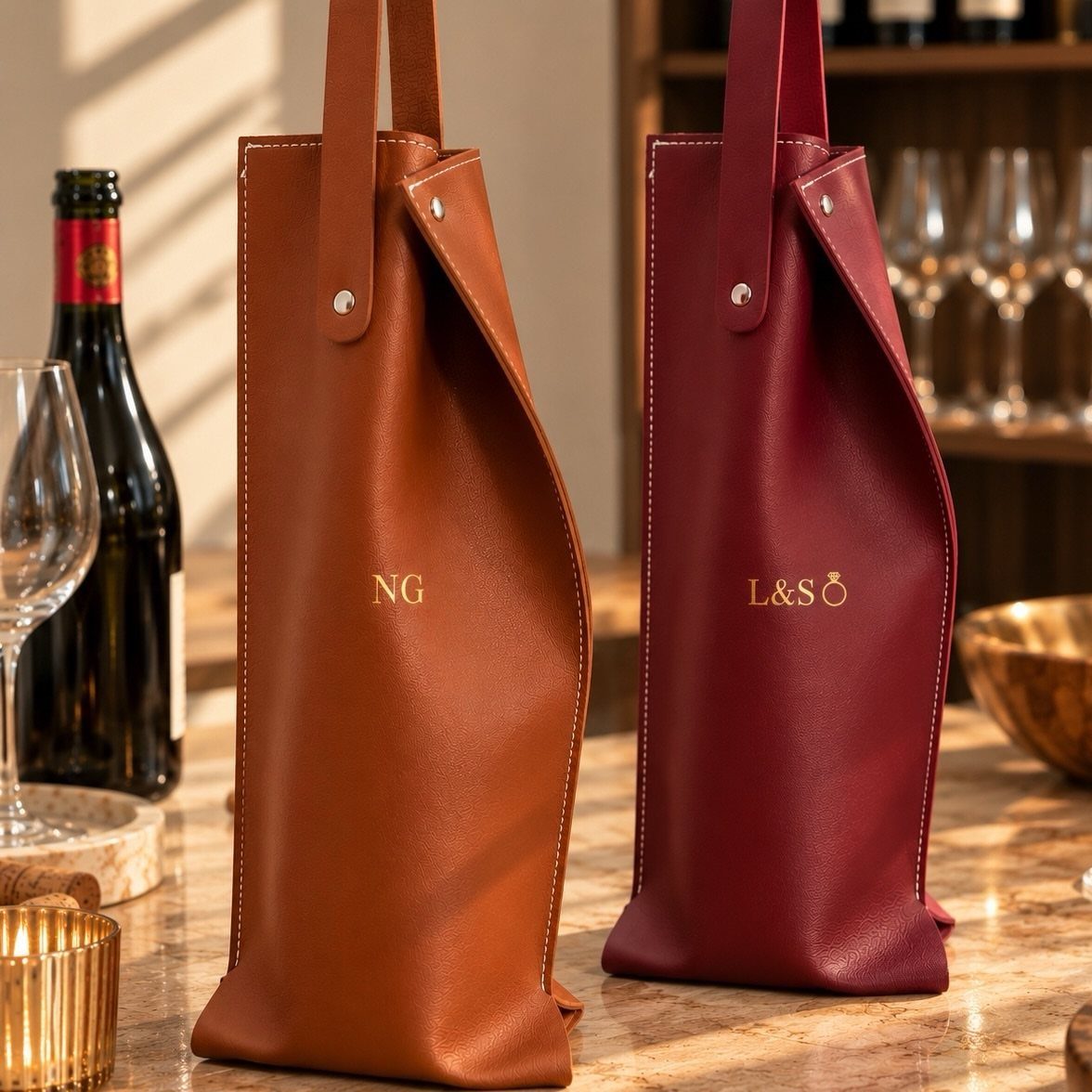 Two leather wine bottle carriers with gold embossed initials on a marble counter.