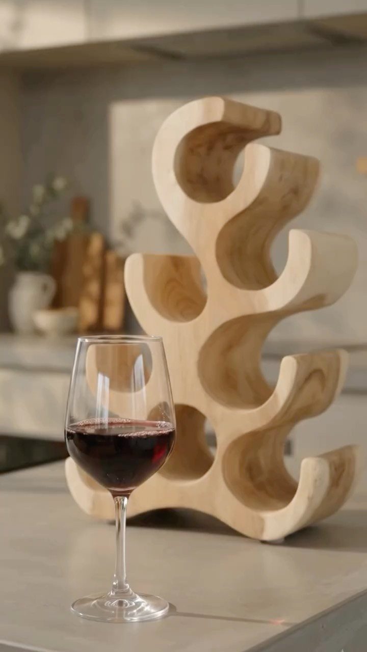 Sculptural light wood wine rack with a glass of red wine in foreground