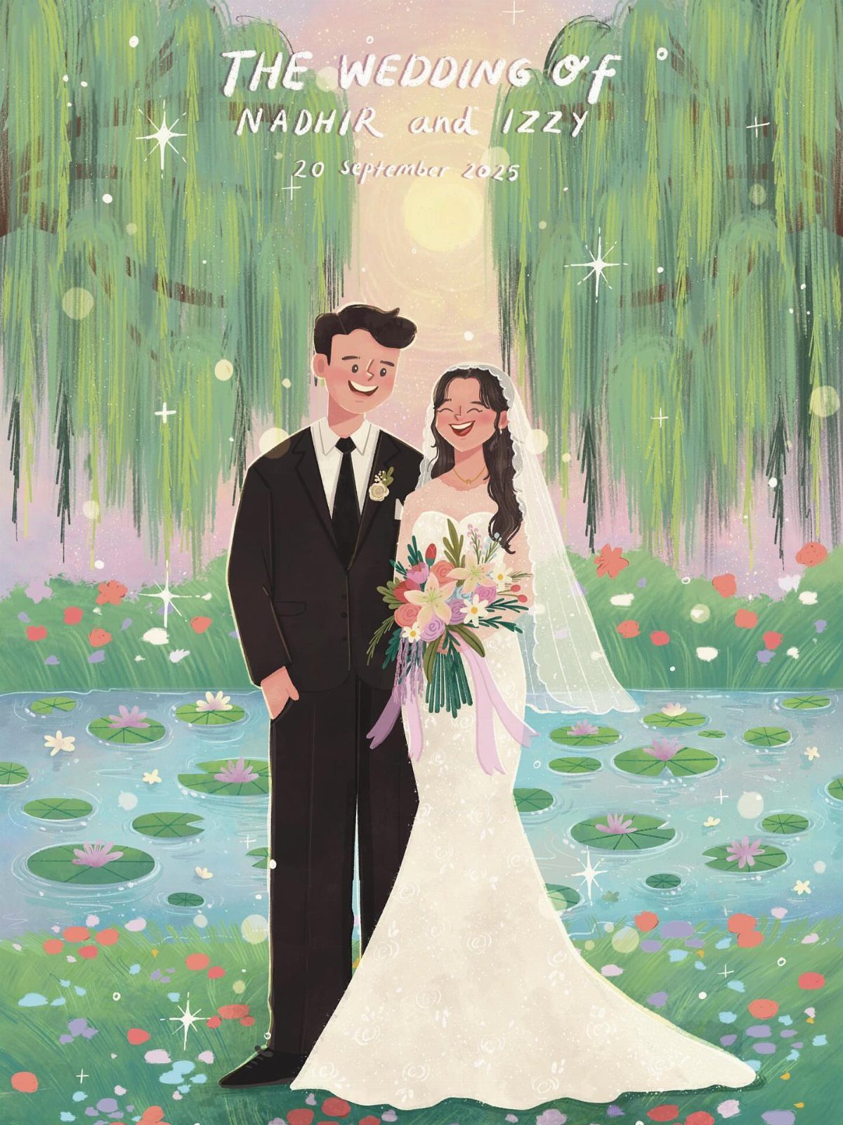 Illustrated wedding invitation featuring a couple standing by a pond under willow trees.