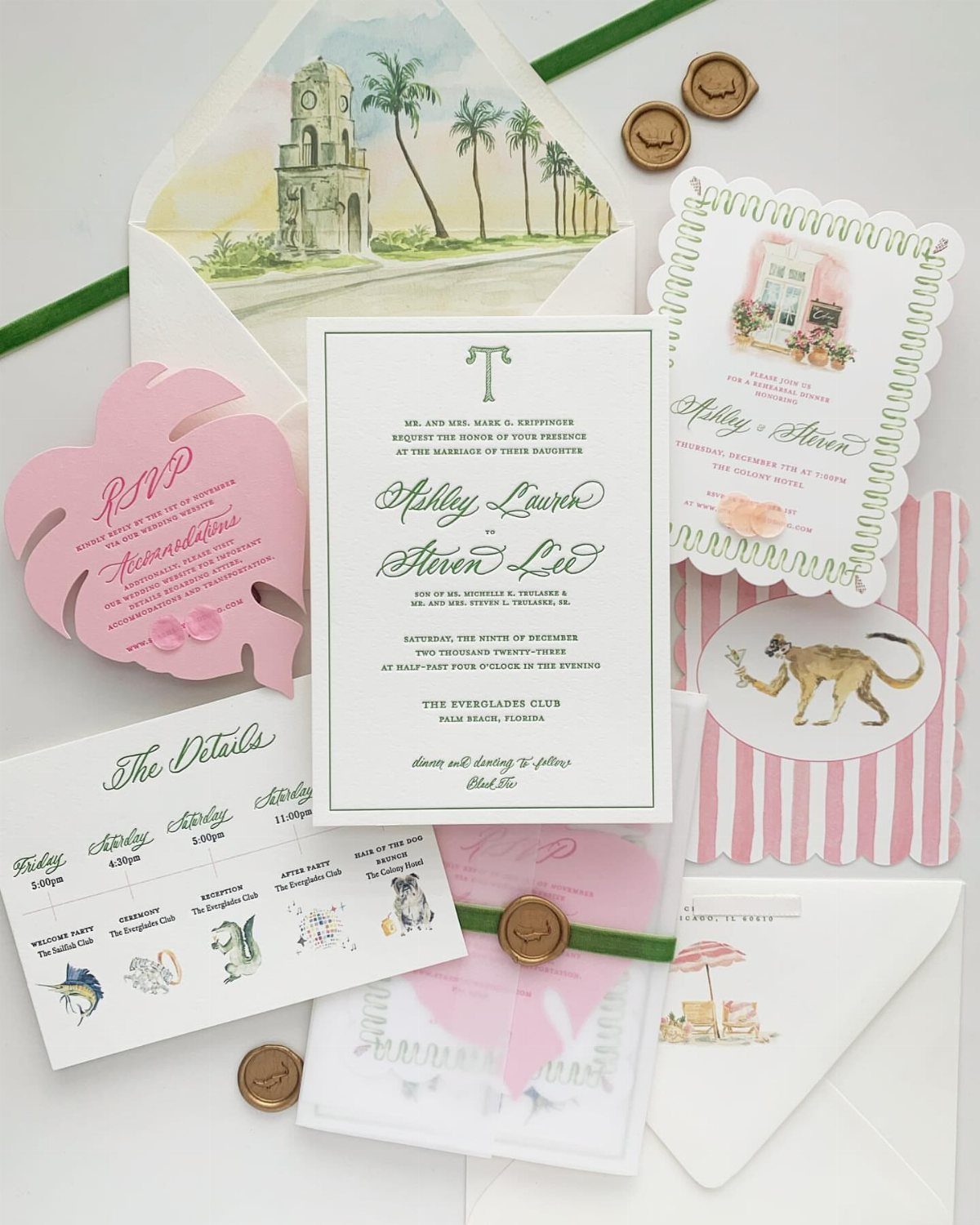 Tropical wedding invitation suite with pink monstera leaf RSVP and palm tree illustrations.