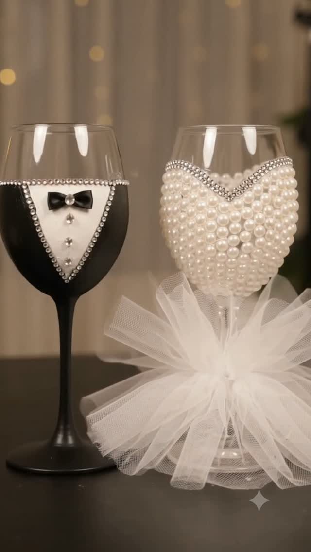 Two wine glasses decorated as a tuxedo and a bridal gown with pearls.