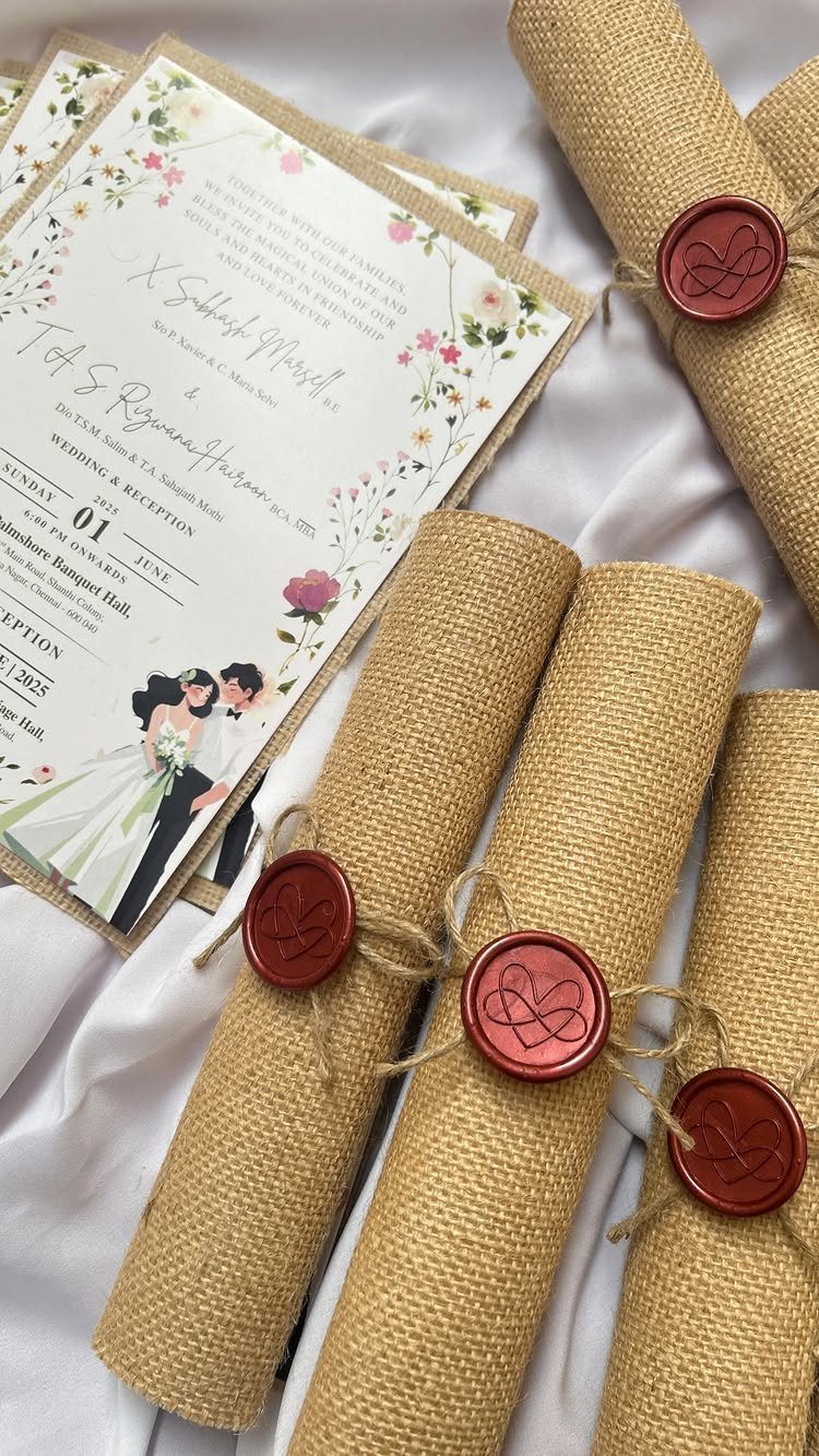 Burlap wrapped wedding invitation scrolls secured with red wax seals and twine.