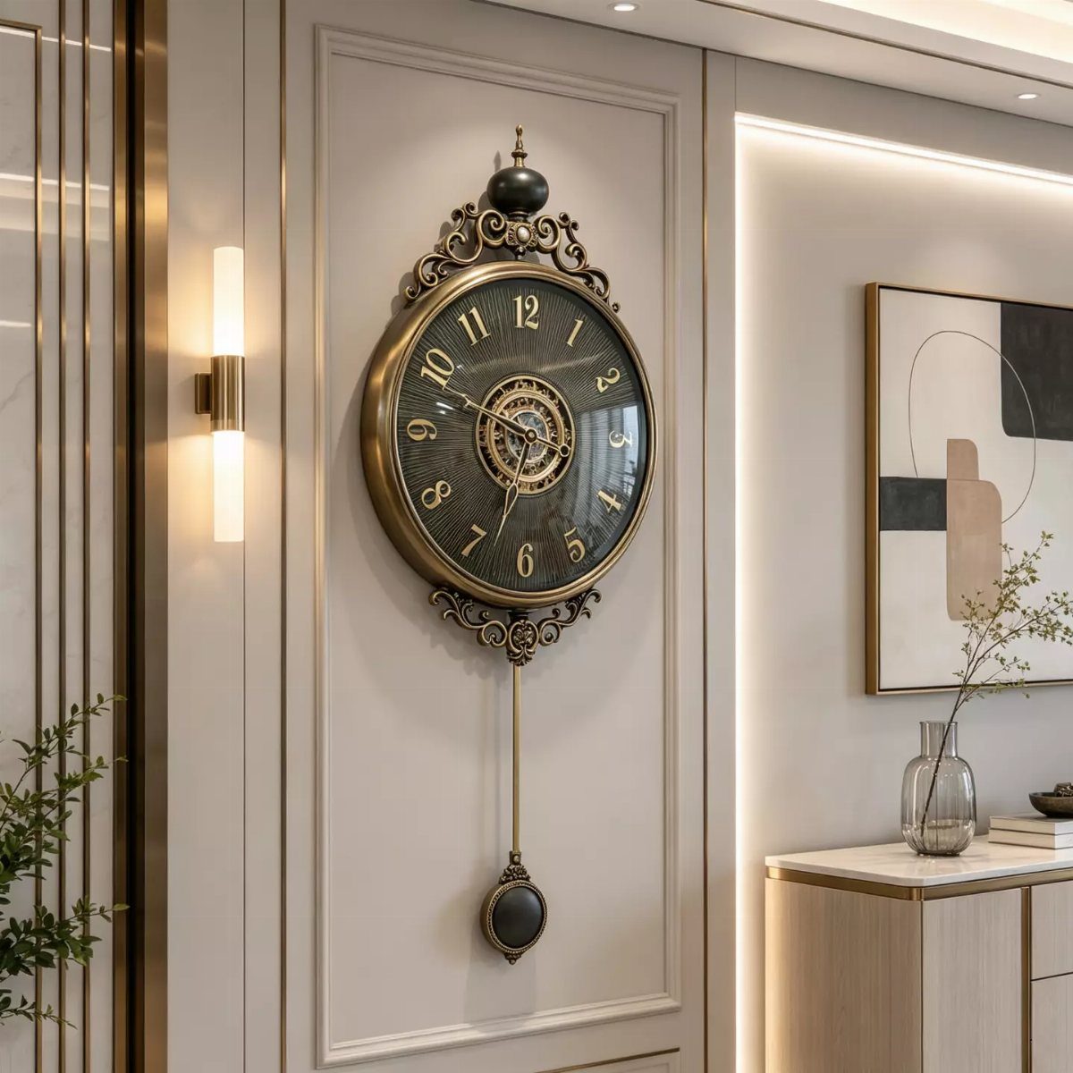 Ornate gold and black metal wall clock with pendulum on a paneled wall