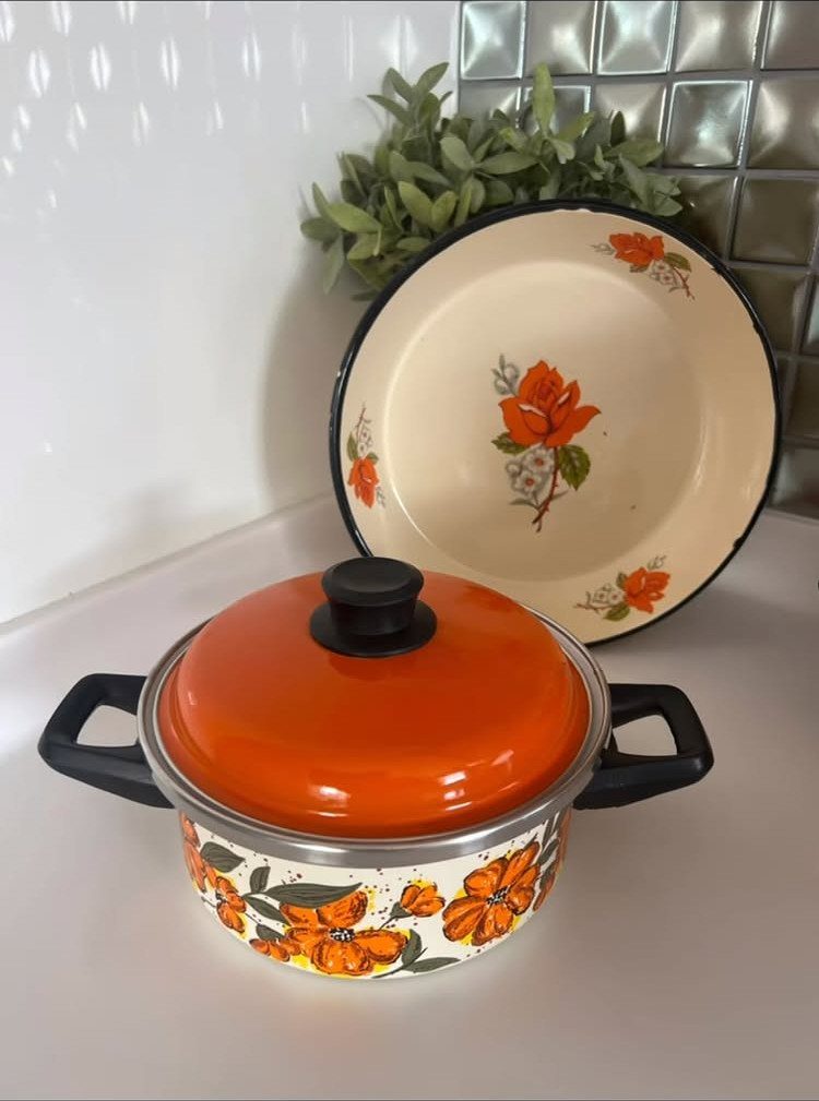 Vintage enamel pot and bowl with orange floral patterns on white background