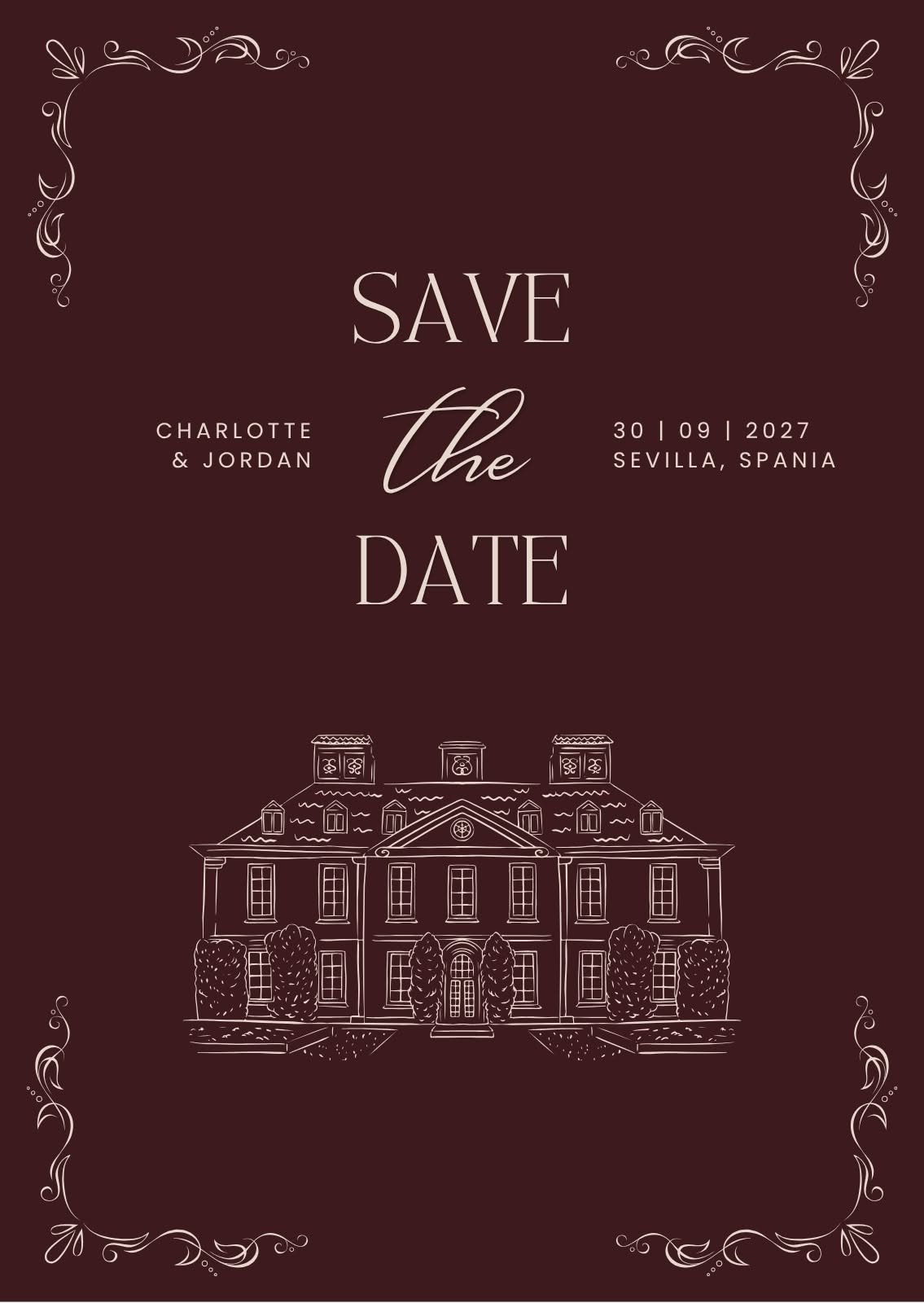 Burgundy save-the-date card with white elegant typography and a manor house illustration.