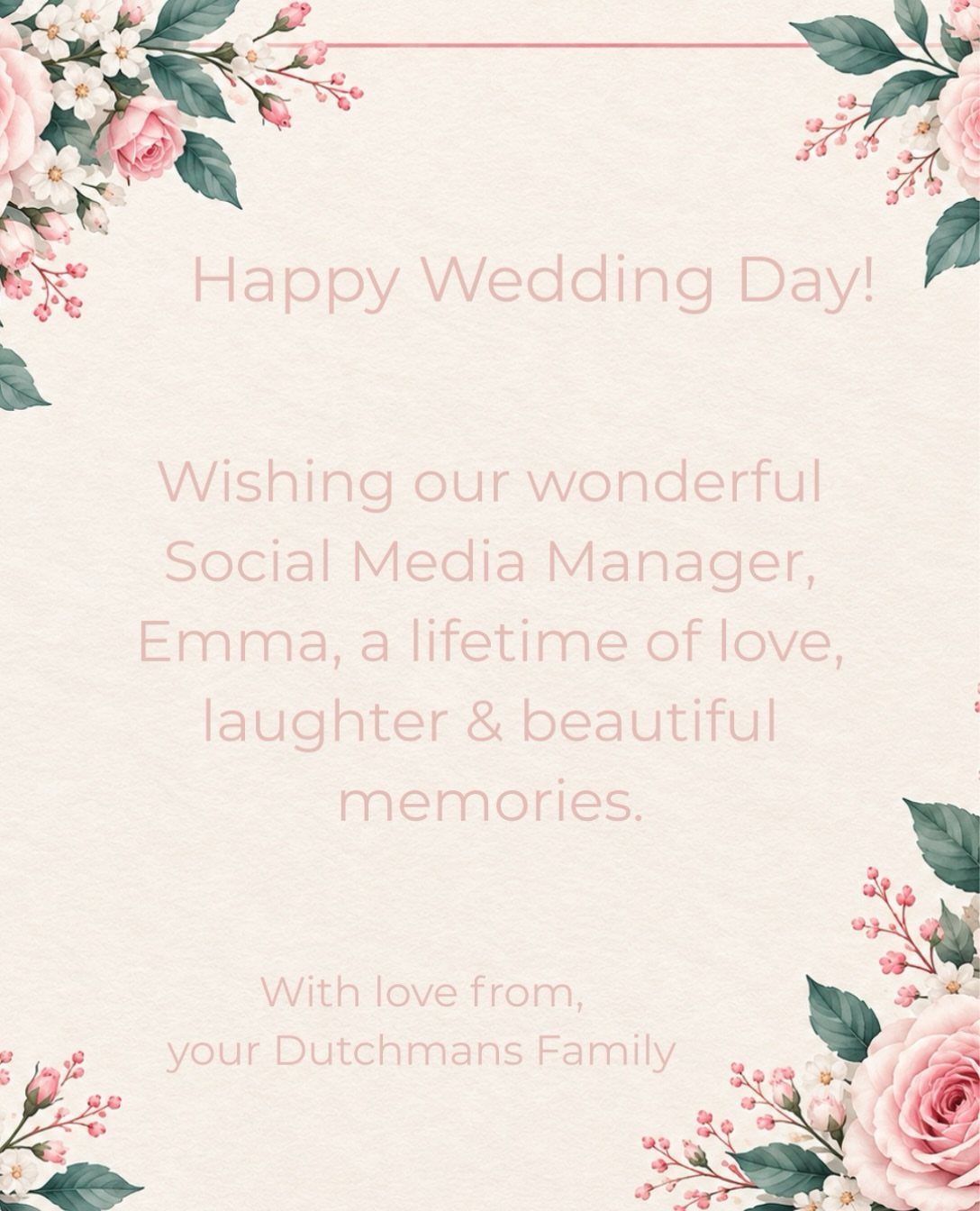 Wedding card with pink roses and a congratulatory message for a coworker.