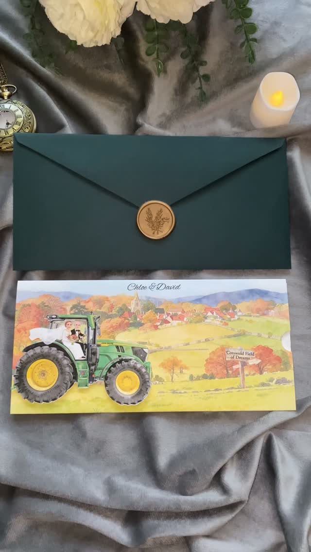 Wedding invitation card with tractor illustration and a dark green wax-sealed envelope.