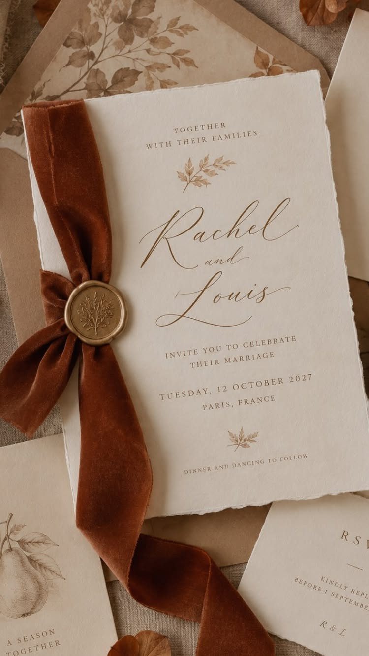Wedding invitation with gold calligraphy, rust velvet ribbon, and gold wax seal.