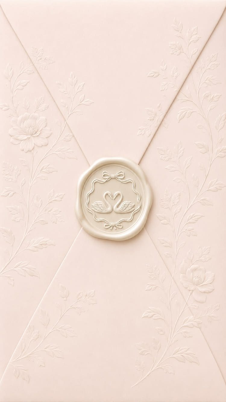 Pale pink embossed wedding envelope with a swan wax seal and floral patterns.