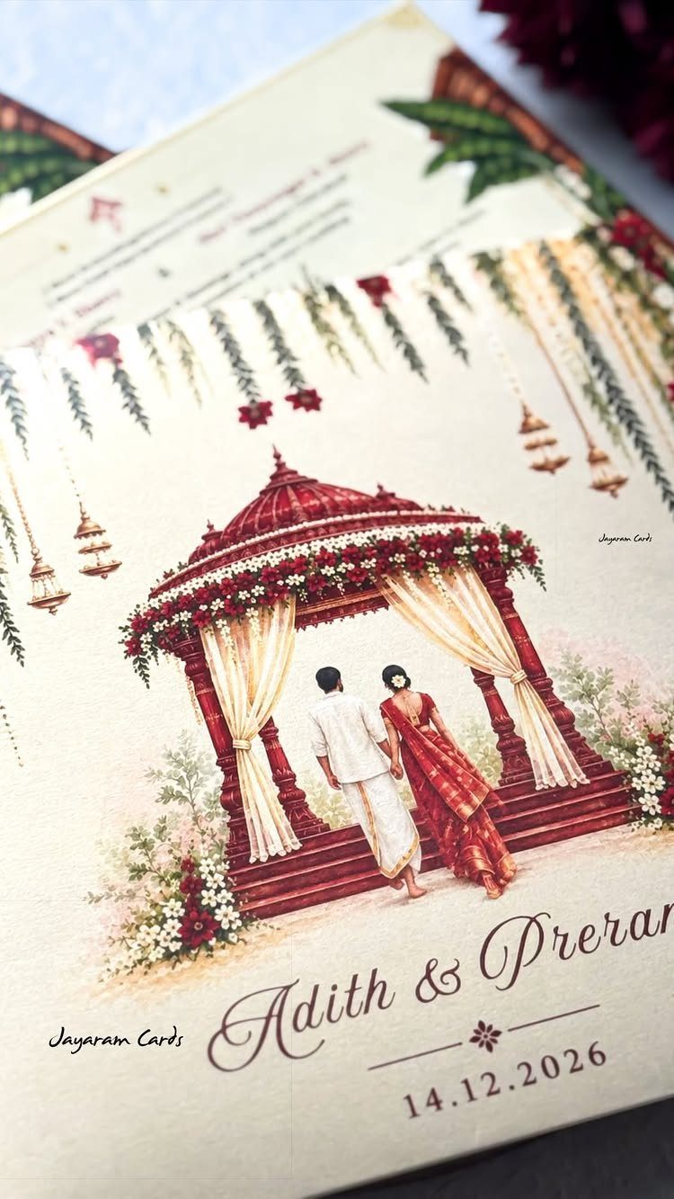 Wedding invitation card with an illustration of a couple entering a red mandap.