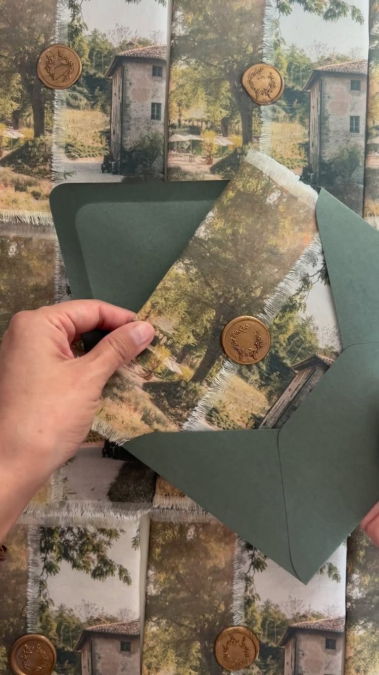 Rustic wedding invitation with a landscape painting, gold wax seal, and green envelope.