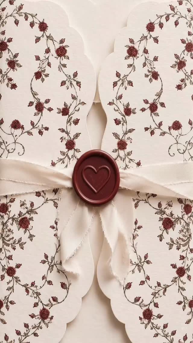 Scalloped wedding invitation with red floral patterns, white ribbon, and heart wax seal.