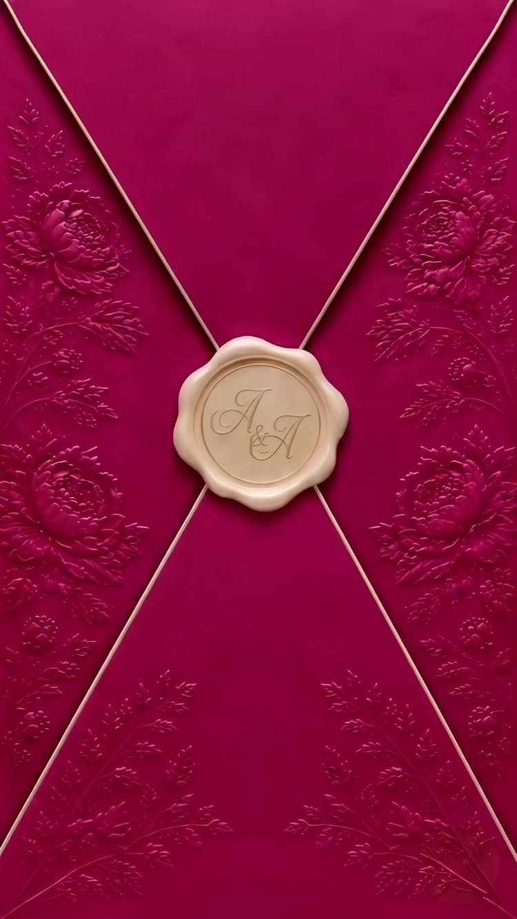 Magenta embossed wedding invitation envelope closed with a cream wax seal featuring initials.