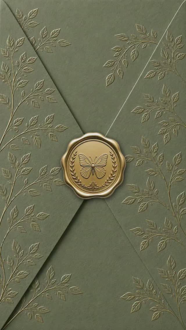Sage green envelope with gold foil leaf patterns and a gold butterfly wax seal.