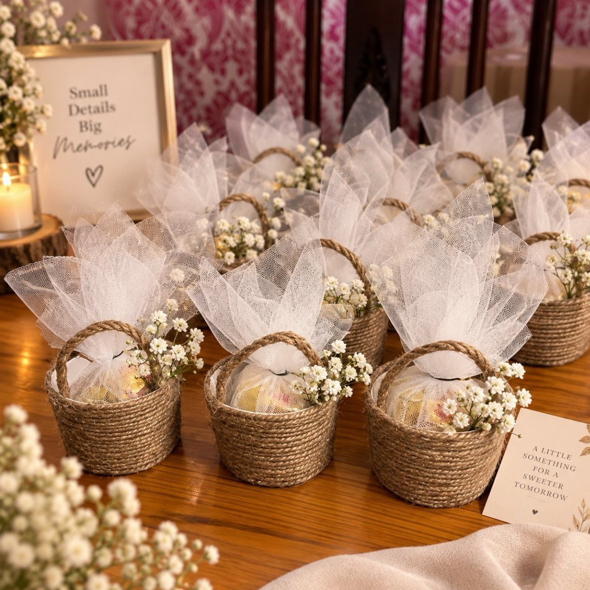 Woven favor baskets with white tulle bags and printed sentiment cards on wood.