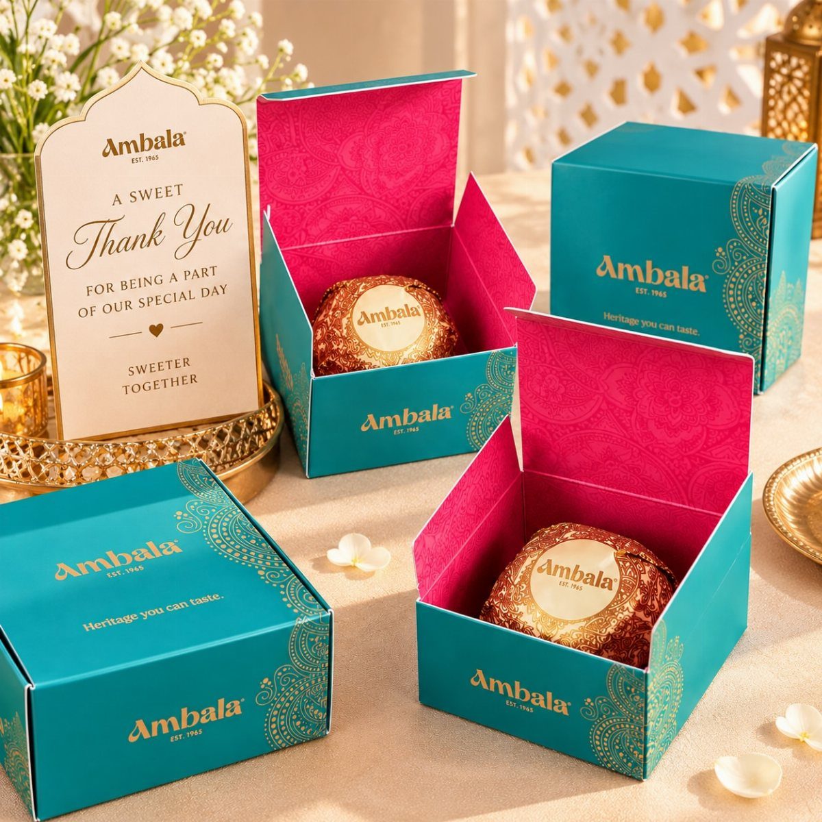 Teal and pink mithai boxes with gold-wrapped sweets and a thank you card.