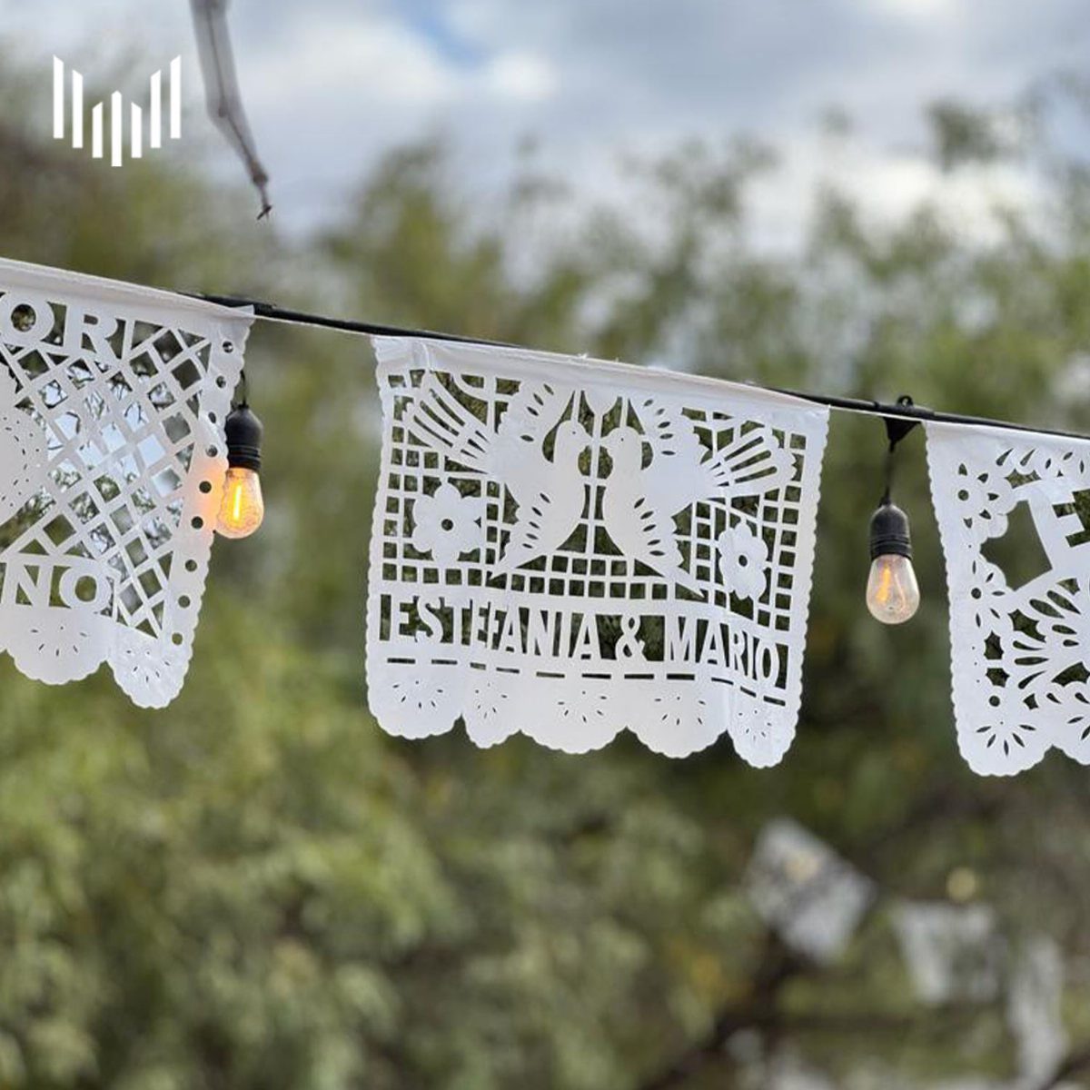 White papel picado banners with names and birds hanging outdoors with string lights.