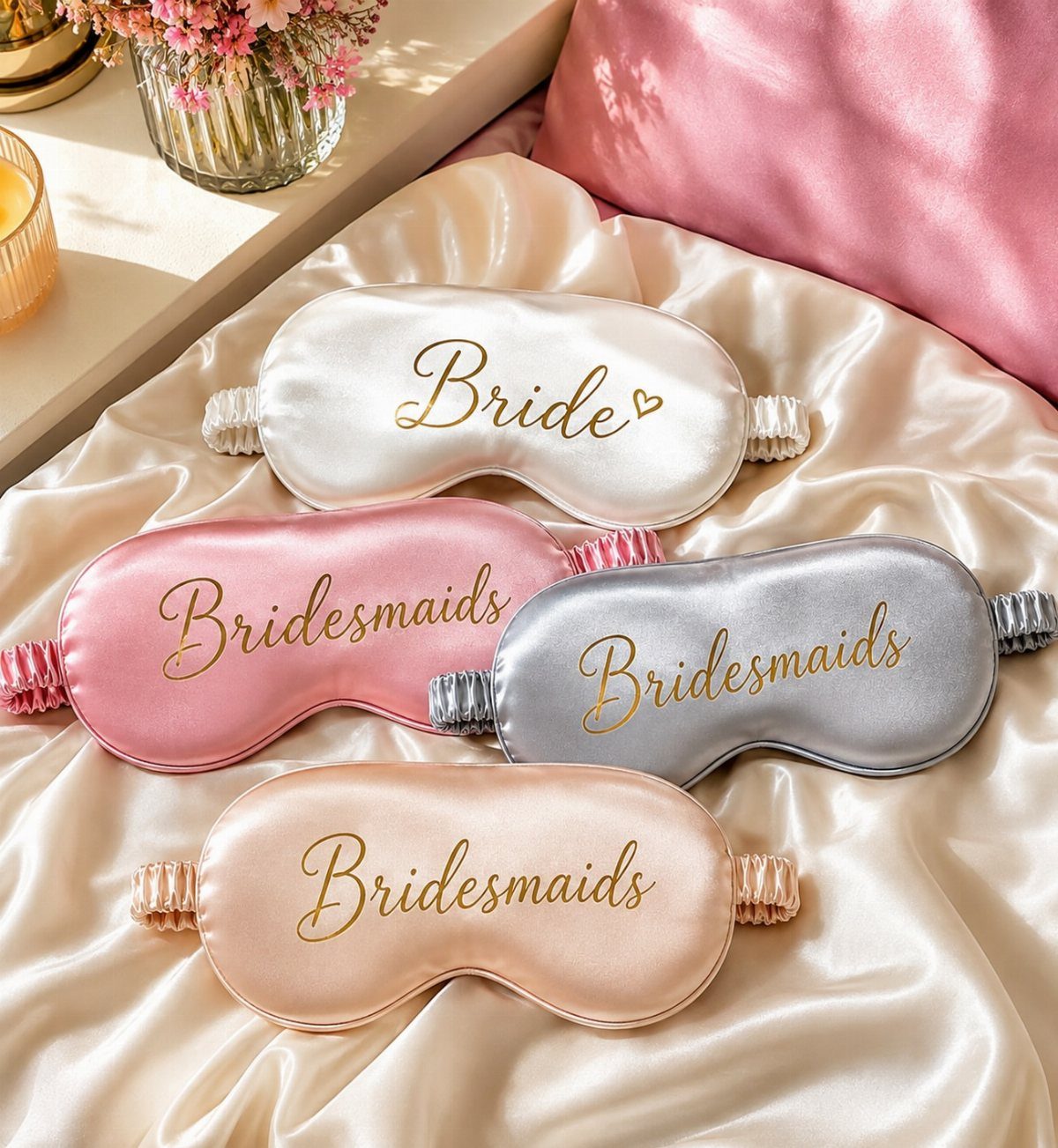 Satin sleep masks for bride and bridesmaids resting on champagne satin fabric.