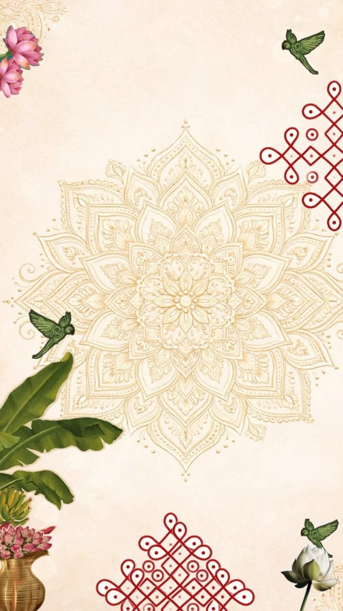 Beige parchment background with a central cream mandala, red knots, and floral accents.