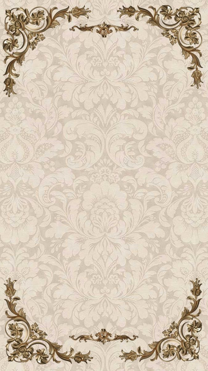 Cream damask background with gold ornate scrollwork flourishes in the corners