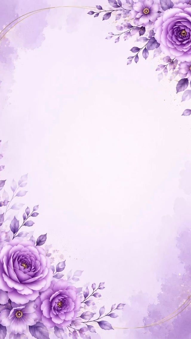 Purple watercolor background with lavender roses and gold circular accents in the corners
