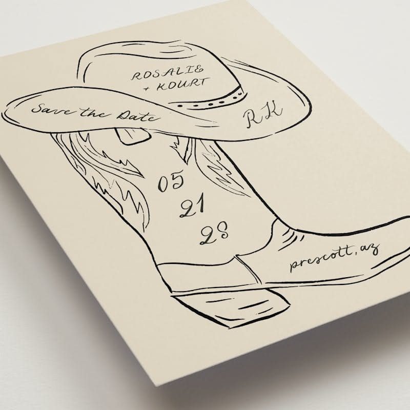 Cowboy boot and hat line drawing on a cream wedding save the date card
