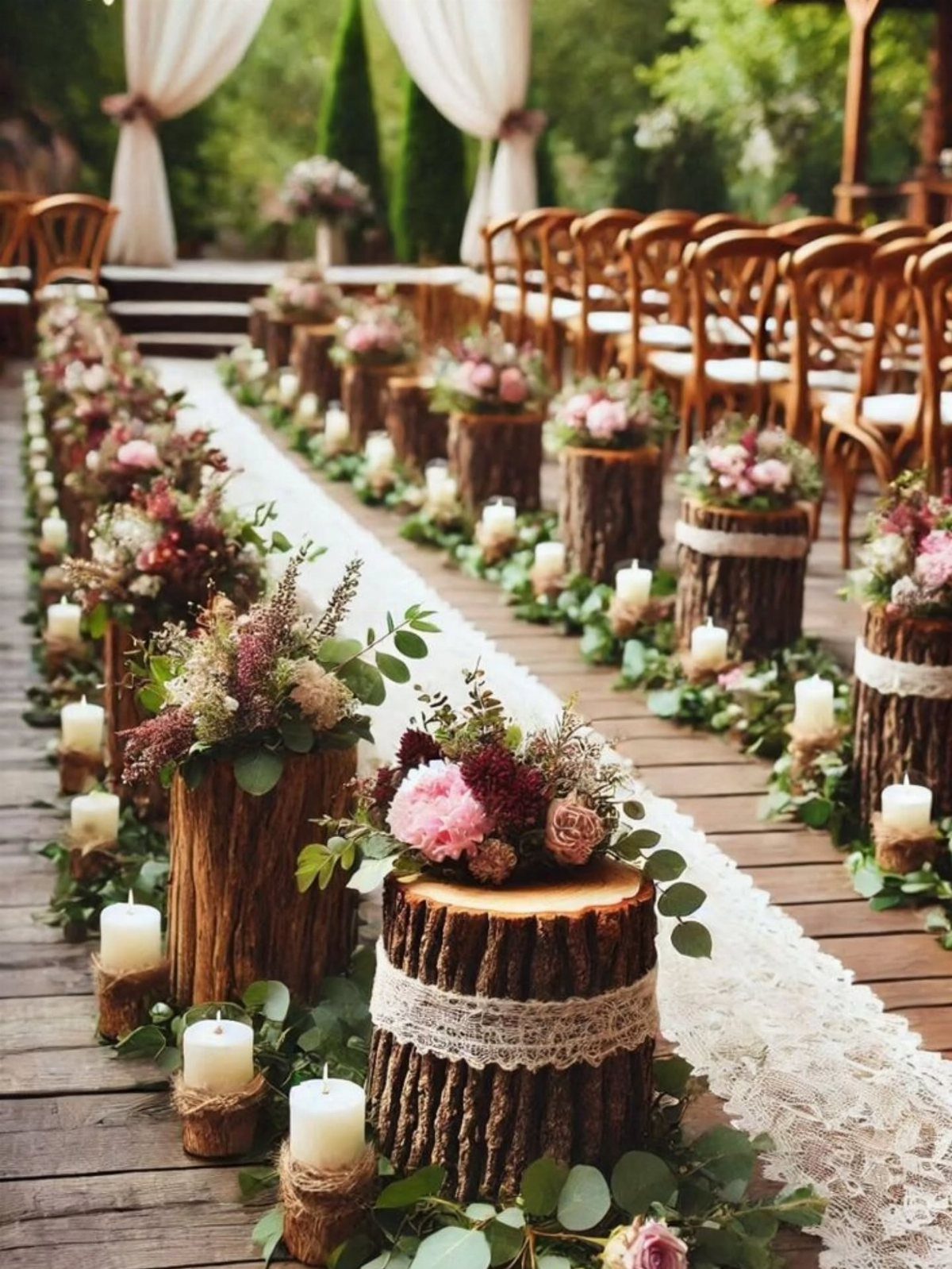 Tree stump pedestals with lace and flowers lining a rustic wedding aisle.