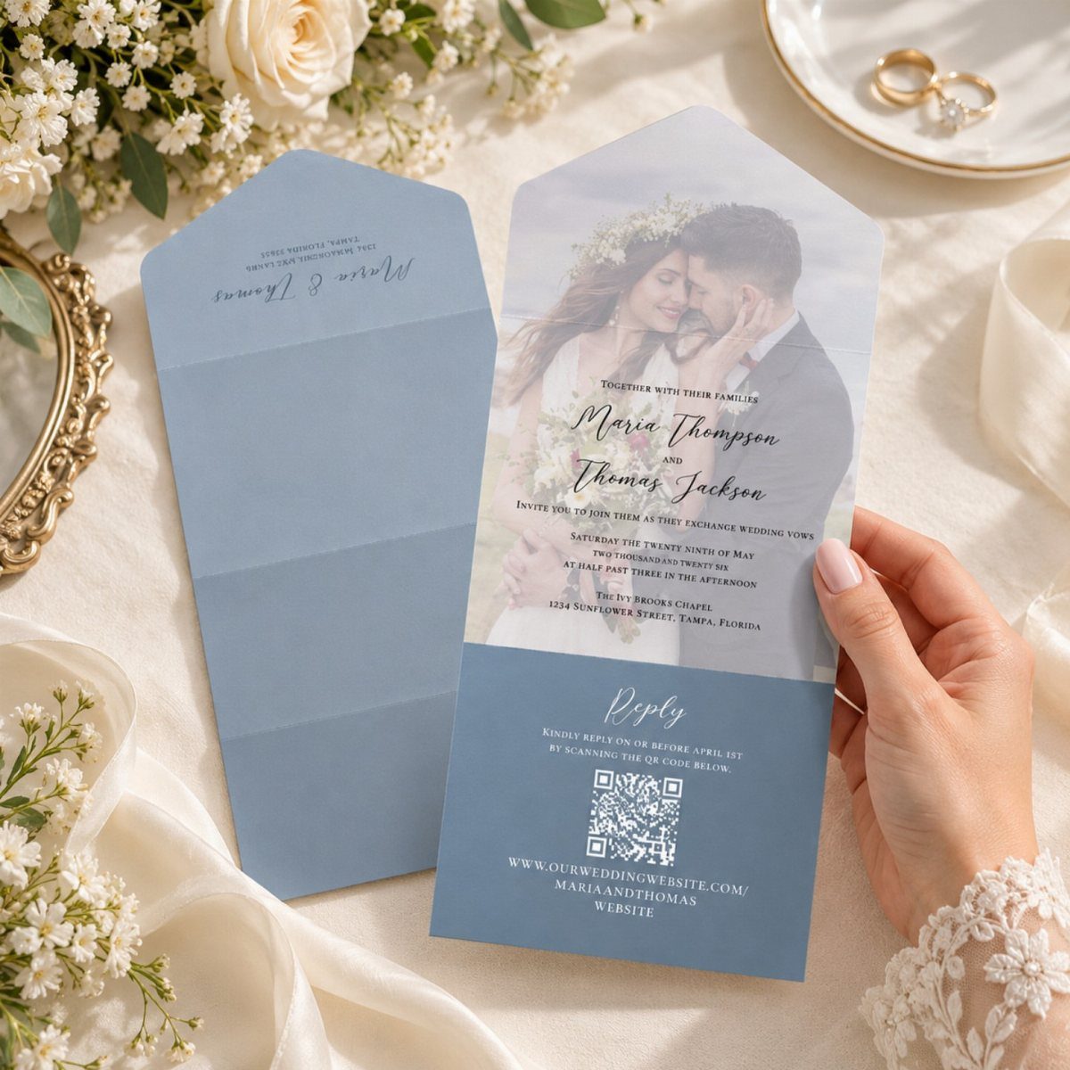 Wedding invitation with a QR code for digital RSVP and matching blue envelope.