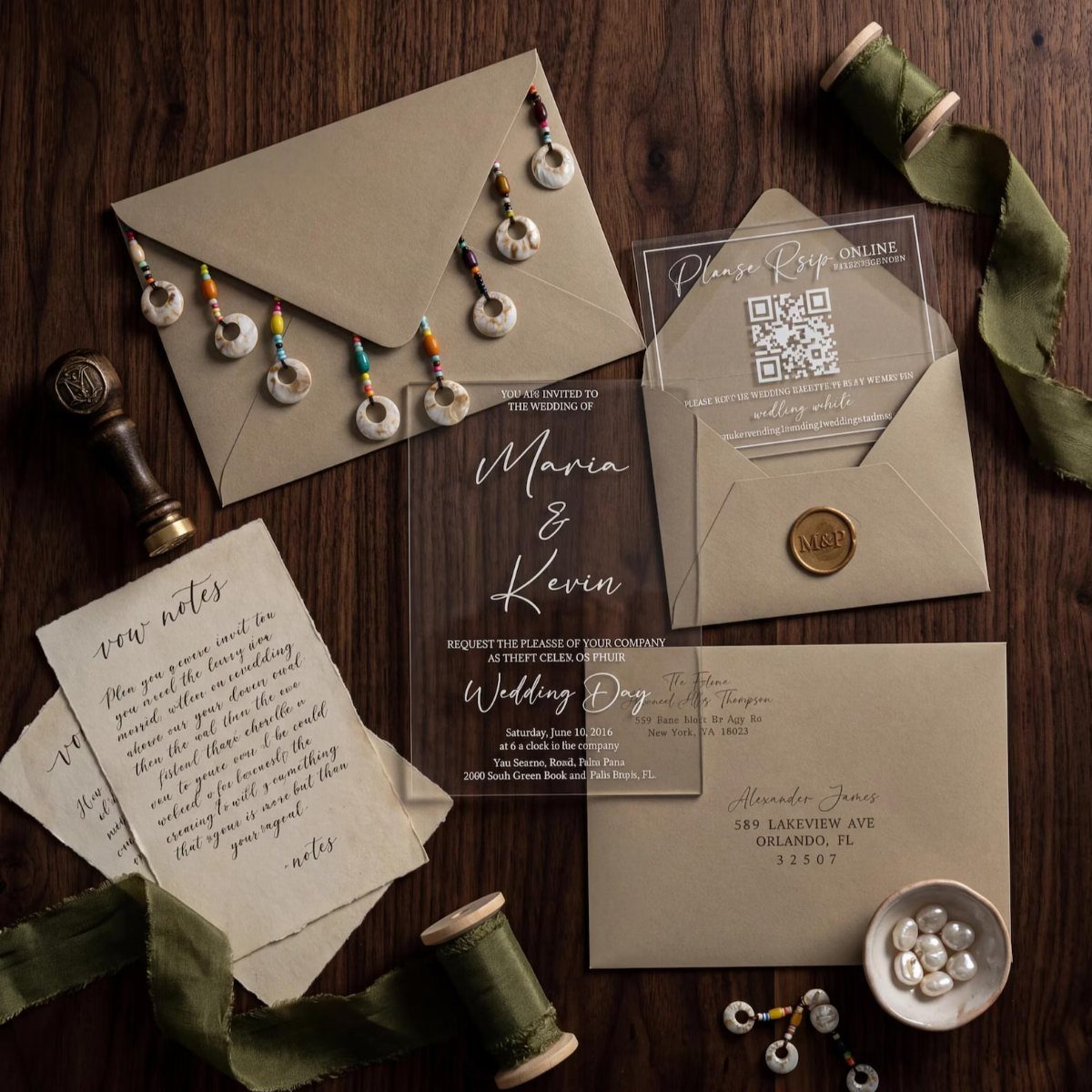 Acrylic wedding invitation with tan envelopes and green ribbons on dark wood background