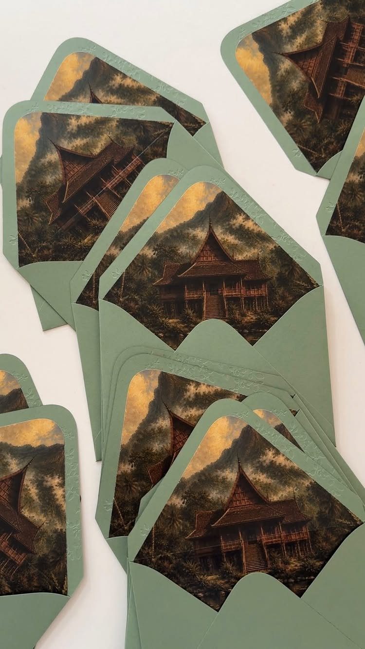 Sage green envelopes with printed landscape liners showing a traditional wooden house.