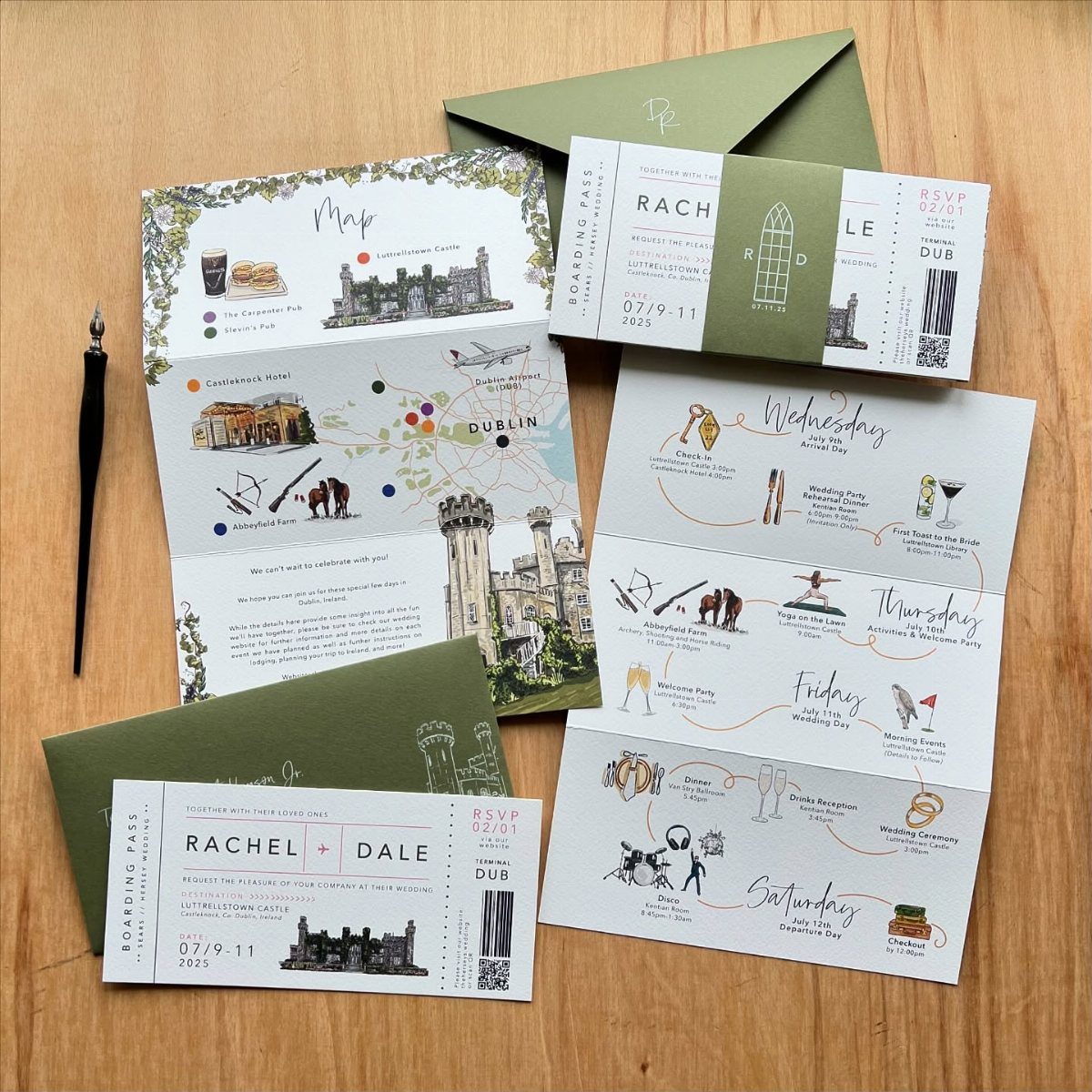 Boarding pass wedding invitations and a Dublin map for a destination wedding.