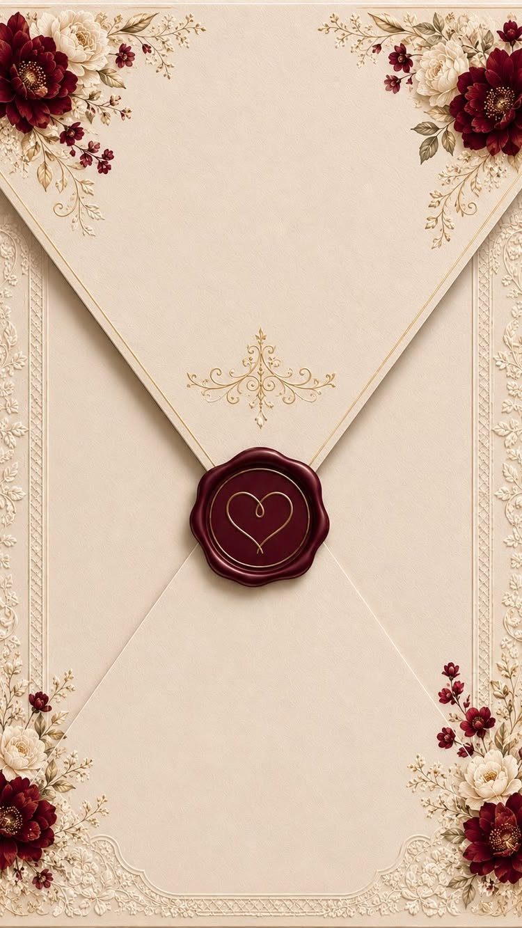 Cream wedding invitation envelope with burgundy wax heart seal and floral corner decorations.
