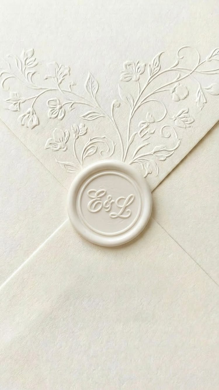 Cream envelope with embossed floral details and a wax seal stamped E & L