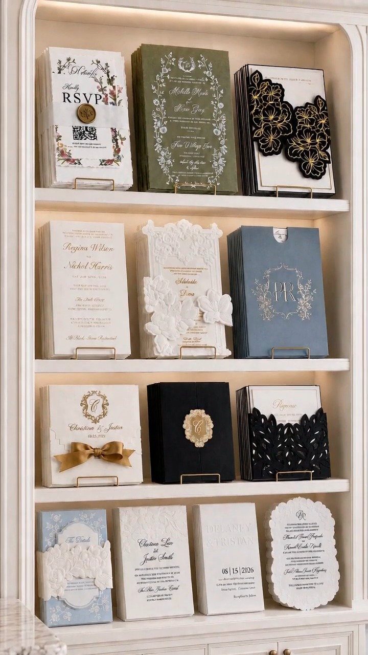 Wedding invitation suites in various colors and styles displayed on white shelves.