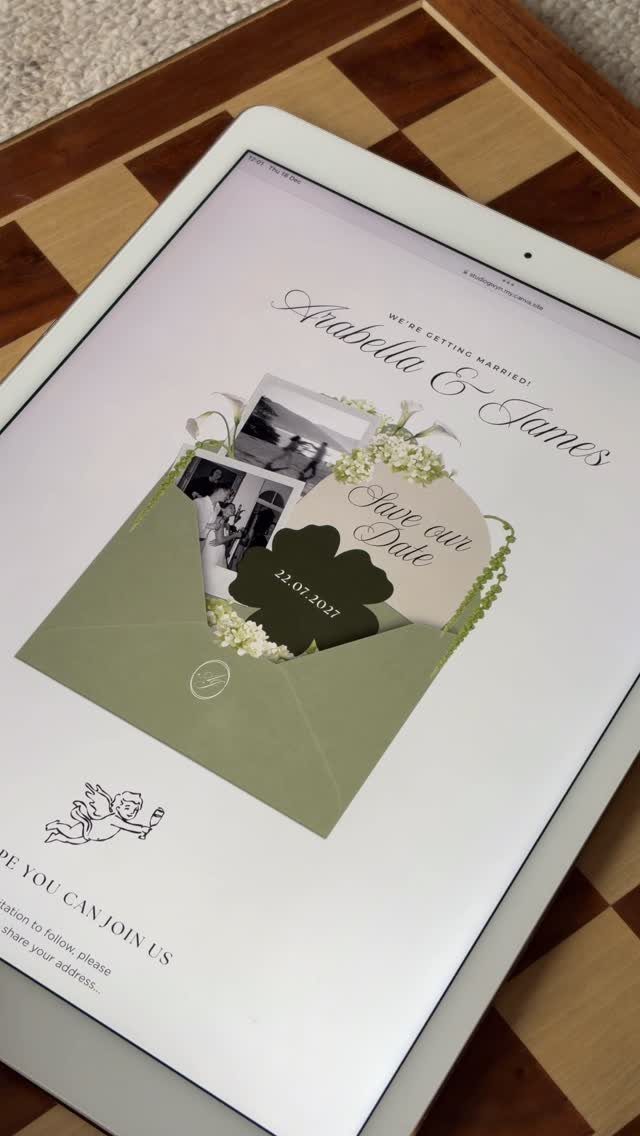 Digital wedding invitation on a tablet featuring a sage green envelope and photos.