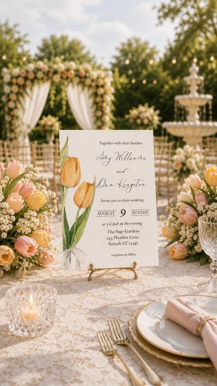 Wedding invitation with yellow tulips on a decorated outdoor garden table setting.