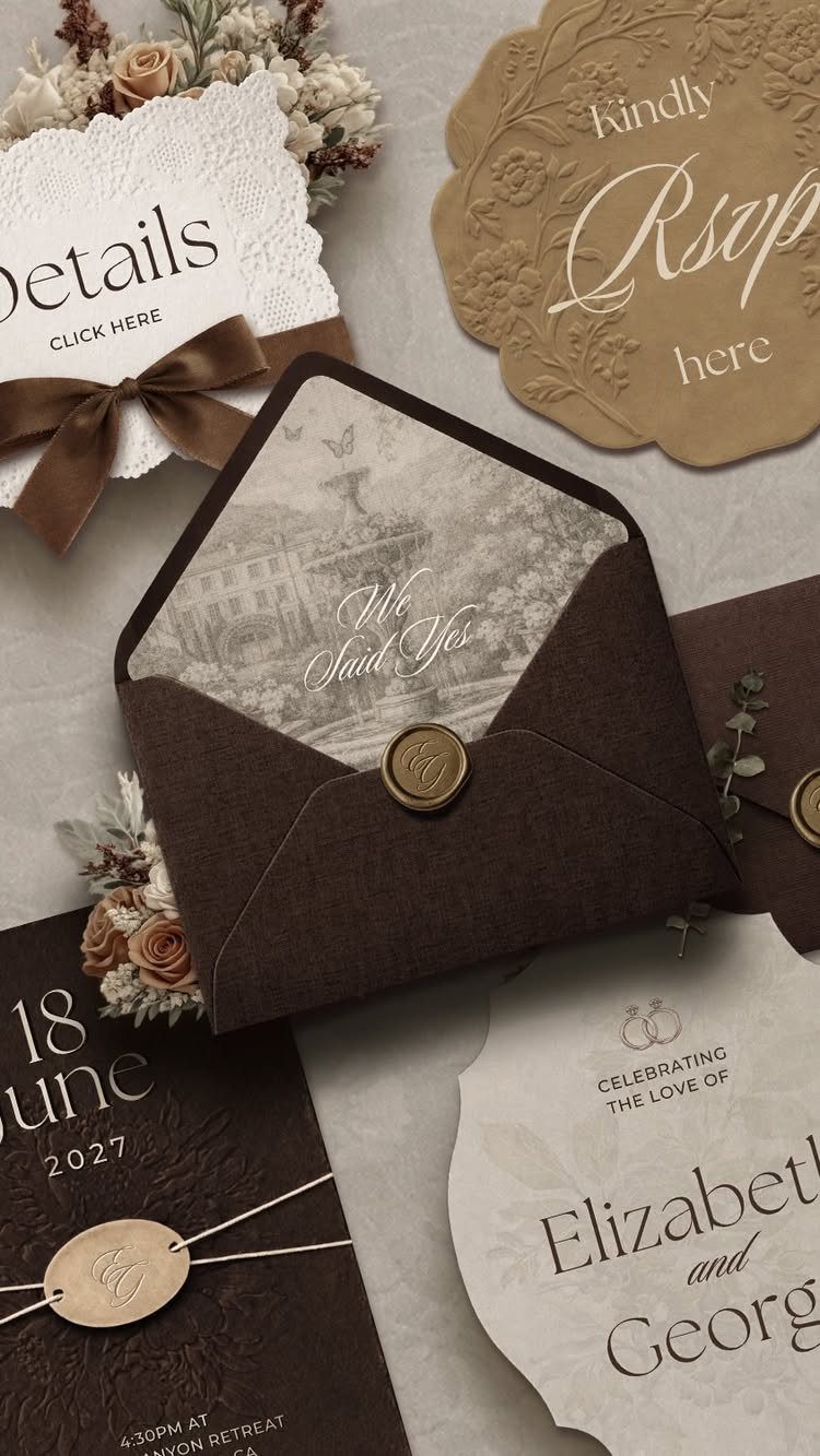 Wedding invitation suite with dark brown envelope, wax seal, and elegant white cards.