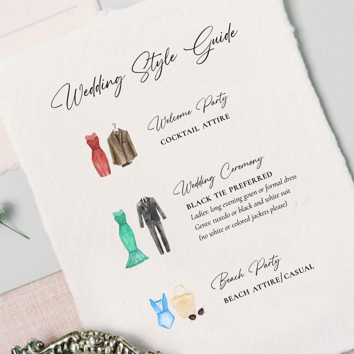 Wedding style guide card listing dress codes with watercolor clothing illustrations