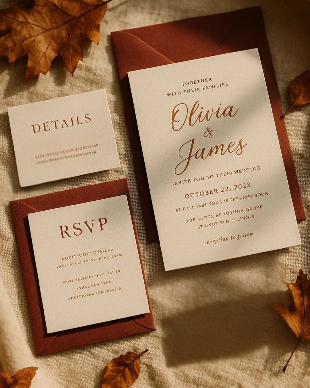 Wedding invitation suite with copper foil lettering and rust envelopes among autumn leaves.