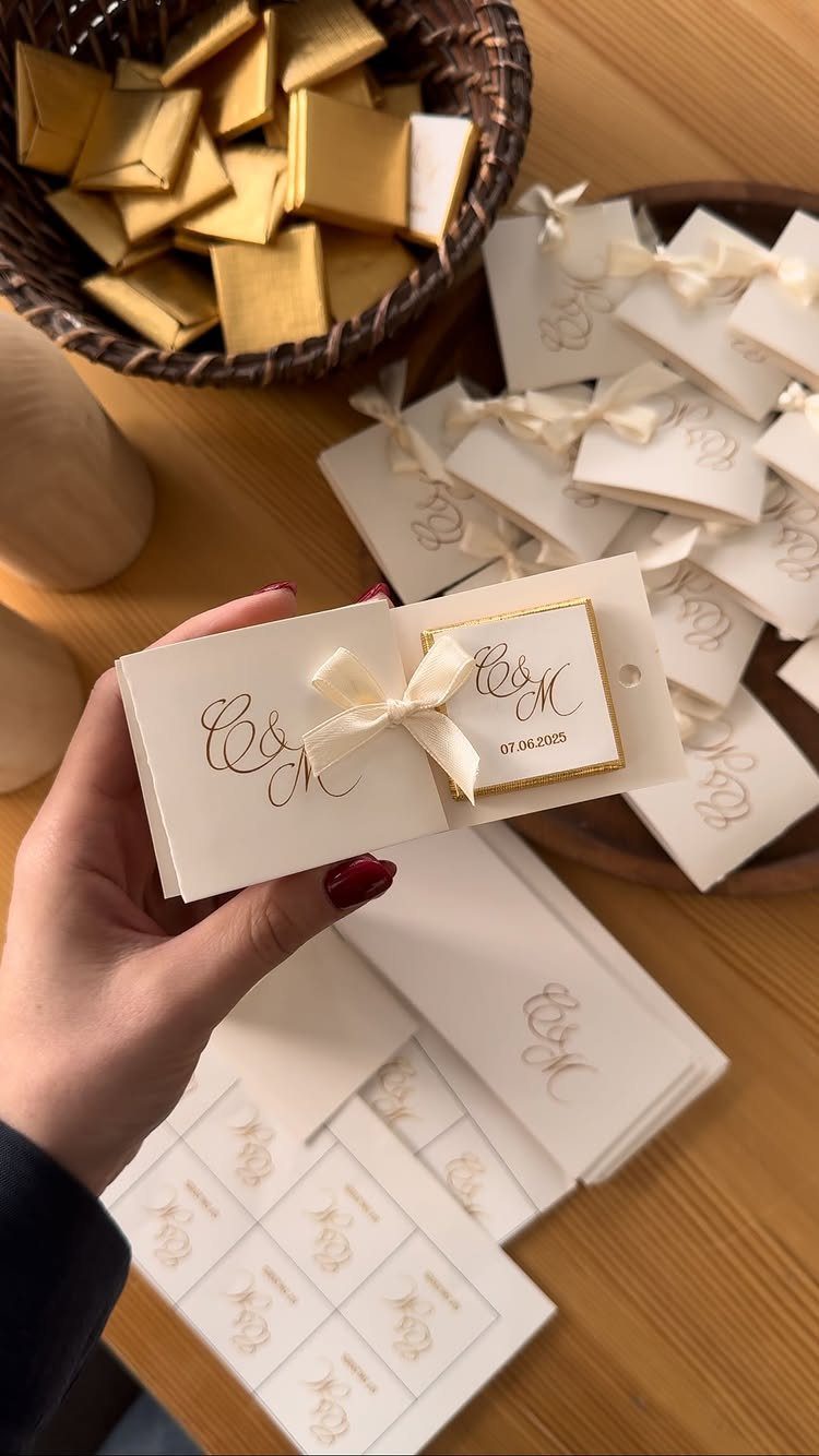 Gold lighter wedding favor with initials and date tied to a white card.
