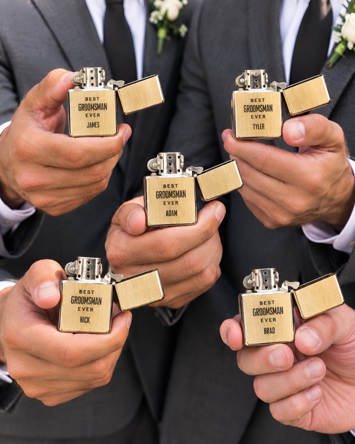 Gold engraved lighters held by groomsmen in grey suits for a wedding favor.