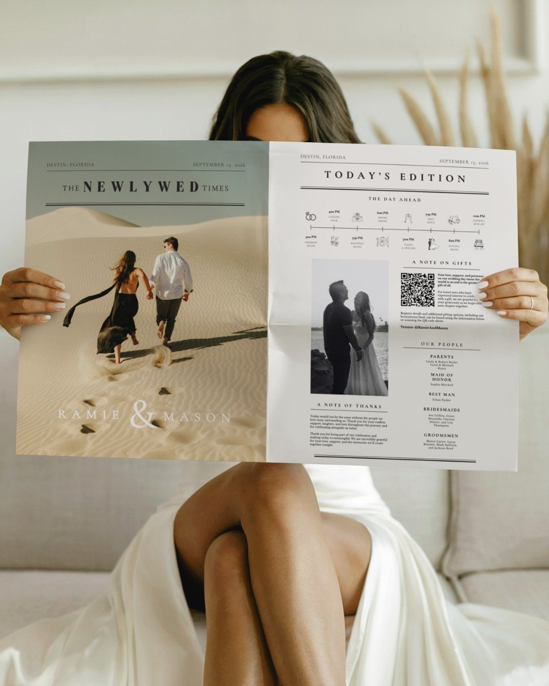 Wedding newspaper announcement held by a person, featuring beach photos and event details.
