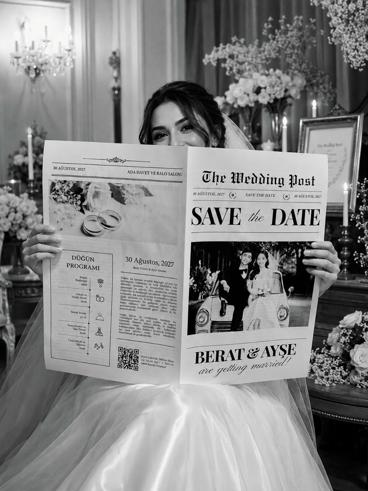 Bride in wedding dress holding a custom wedding newspaper invitation titled The Wedding Post.