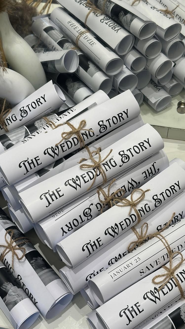 Rolled white wedding newspapers tied with twine featuring The Wedding Story text.