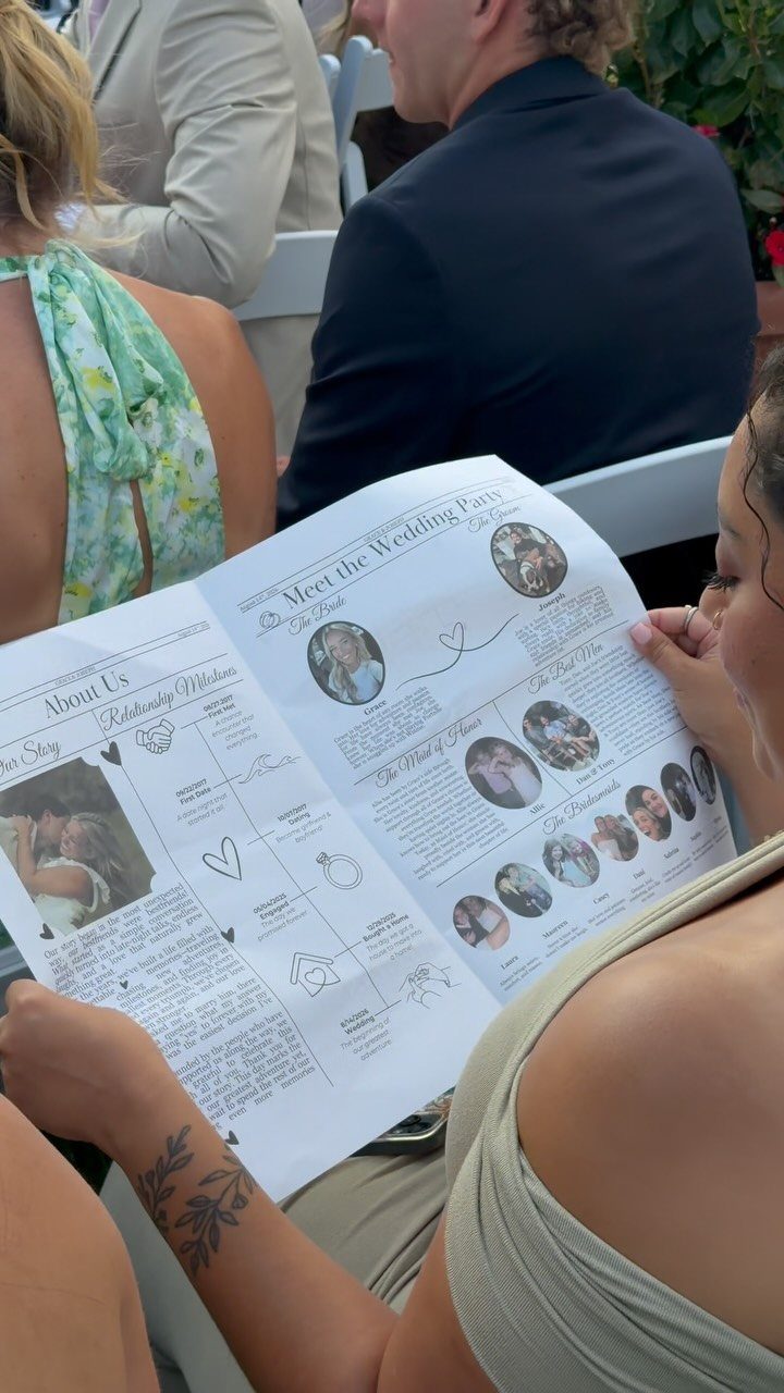 Wedding newspaper program featuring a bridal party introduction with photos and names.