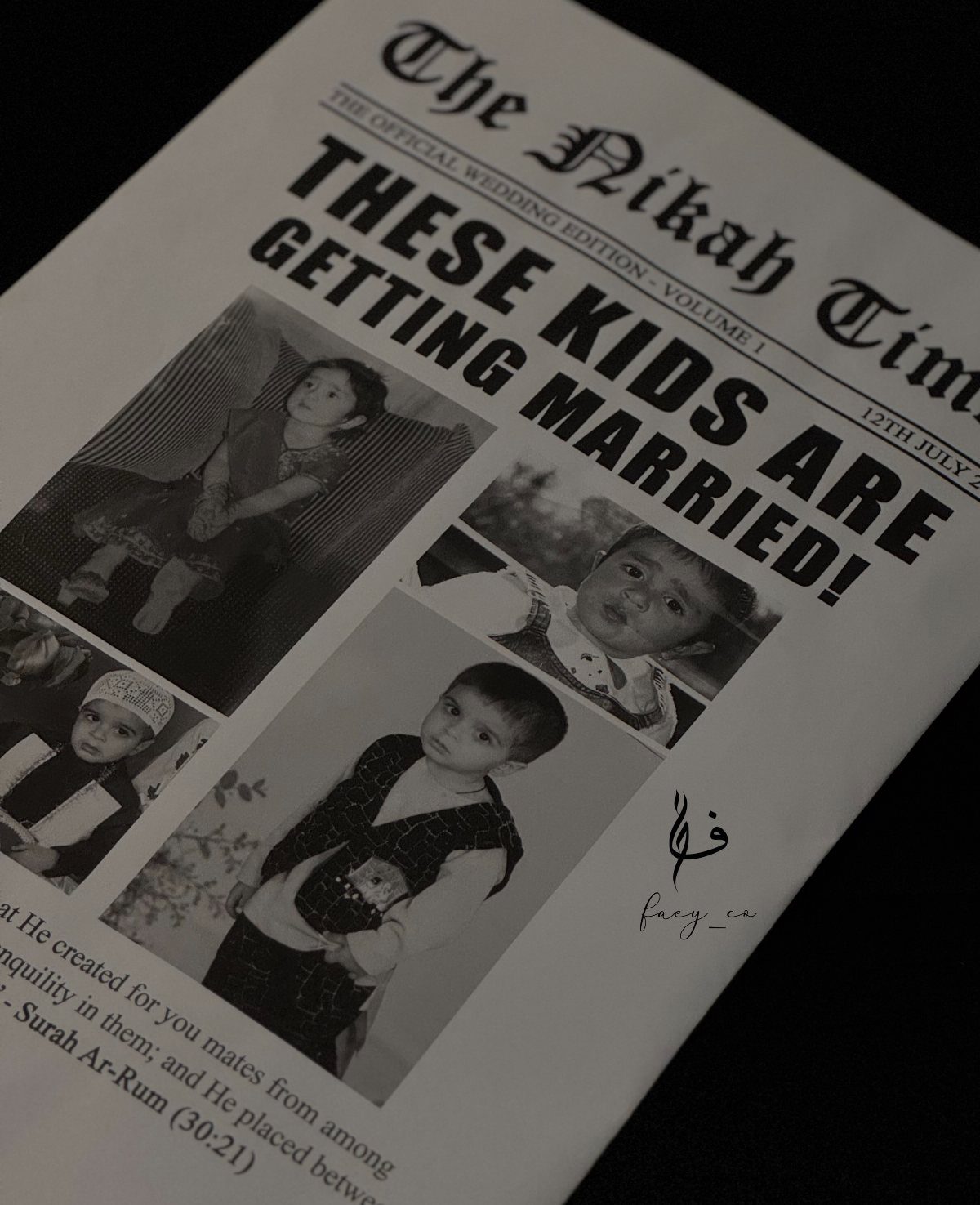 Wedding newspaper program titled The Nikah Times featuring childhood photos of the couple.