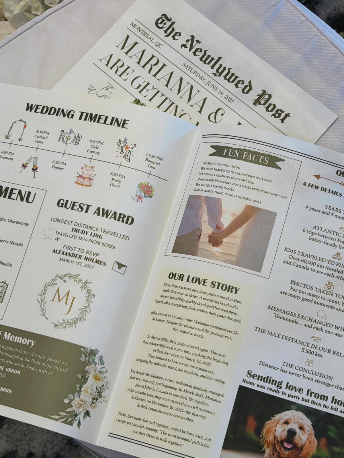 Wedding newspaper program with timeline and love story on a fabric background
